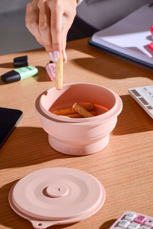 Mori Hava Sızdırmaz Yuvarlak Katlanabilir Silikon Saklama Kabı 400 ml | Pembe